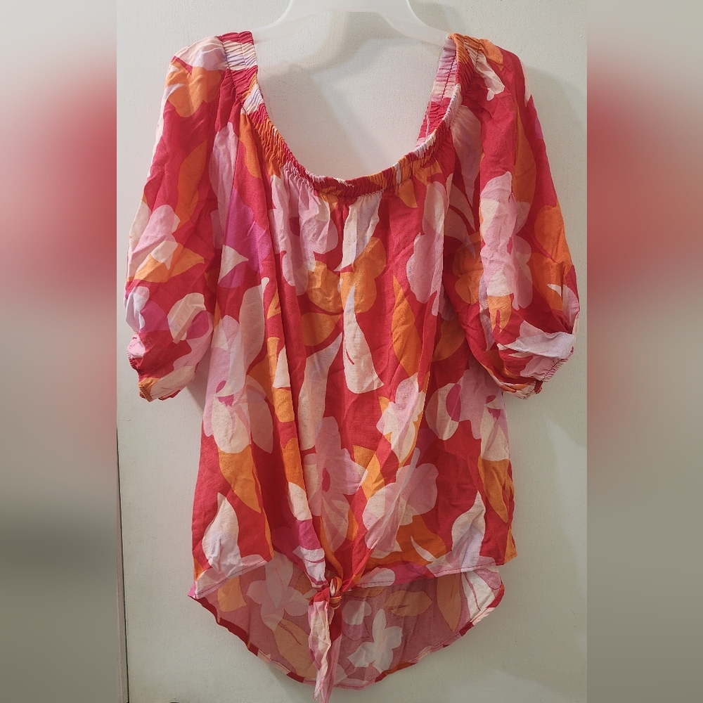 Orange and‎ Pink Tie Front 3/4 Sleeve Blouse